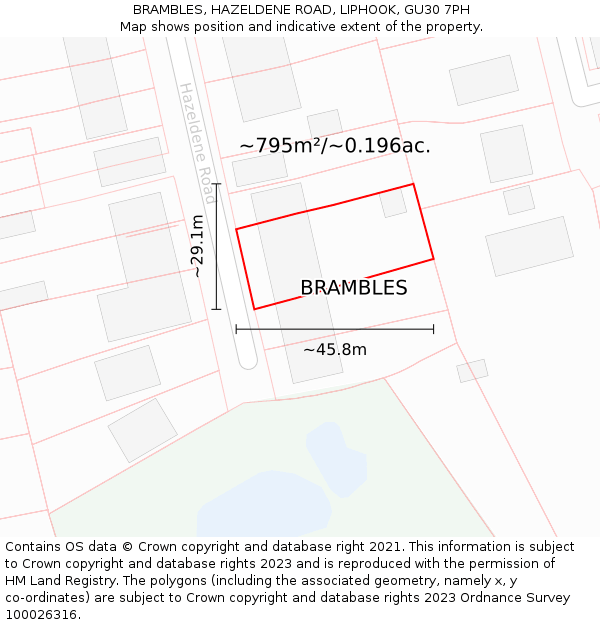 BRAMBLES, HAZELDENE ROAD, LIPHOOK, GU30 7PH: Plot and title map