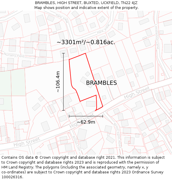 BRAMBLES, HIGH STREET, BUXTED, UCKFIELD, TN22 4JZ: Plot and title map