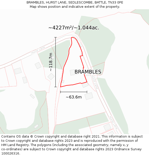 BRAMBLES, HURST LANE, SEDLESCOMBE, BATTLE, TN33 0PE: Plot and title map