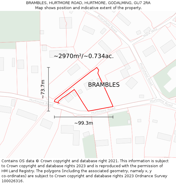 BRAMBLES, HURTMORE ROAD, HURTMORE, GODALMING, GU7 2RA: Plot and title map