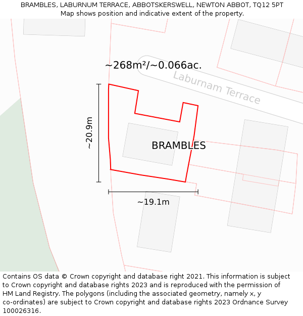 BRAMBLES, LABURNUM TERRACE, ABBOTSKERSWELL, NEWTON ABBOT, TQ12 5PT: Plot and title map