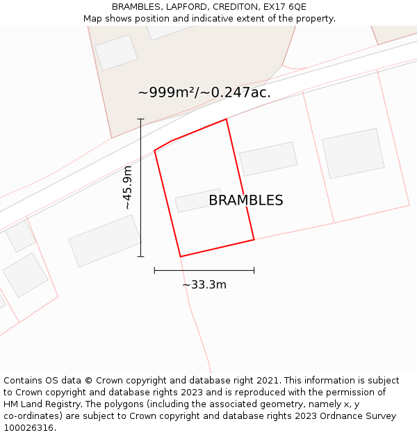 BRAMBLES, LAPFORD, CREDITON, EX17 6QE: Plot and title map