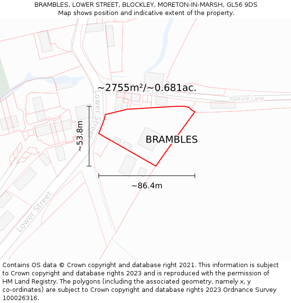 BRAMBLES, LOWER STREET, BLOCKLEY, MORETON-IN-MARSH, GL56 9DS: Plot and title map