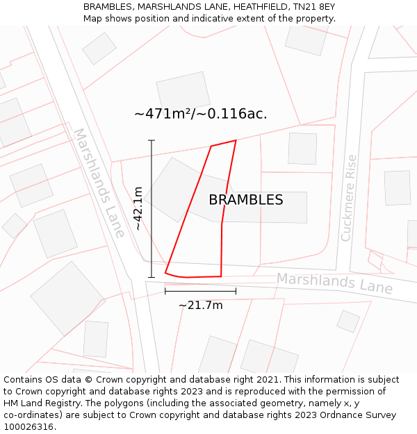BRAMBLES, MARSHLANDS LANE, HEATHFIELD, TN21 8EY: Plot and title map