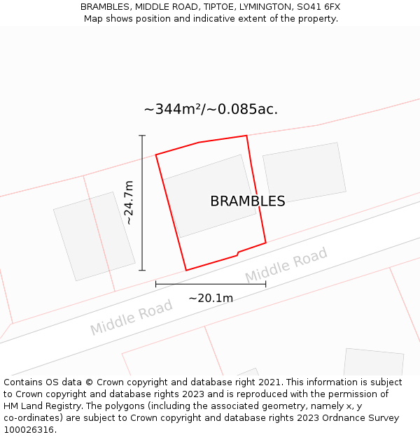 BRAMBLES, MIDDLE ROAD, TIPTOE, LYMINGTON, SO41 6FX: Plot and title map