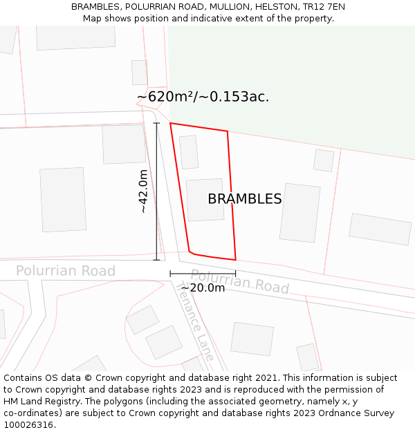 BRAMBLES, POLURRIAN ROAD, MULLION, HELSTON, TR12 7EN: Plot and title map