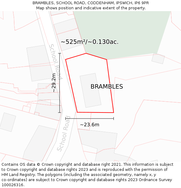 BRAMBLES, SCHOOL ROAD, CODDENHAM, IPSWICH, IP6 9PR: Plot and title map