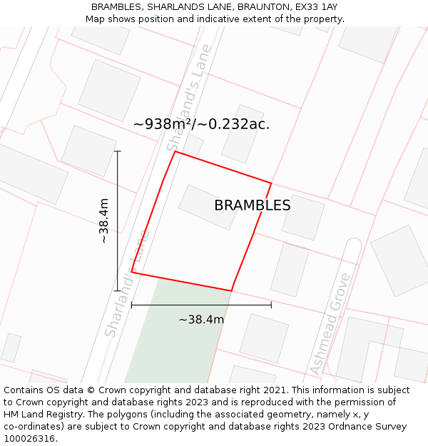 BRAMBLES, SHARLANDS LANE, BRAUNTON, EX33 1AY: Plot and title map