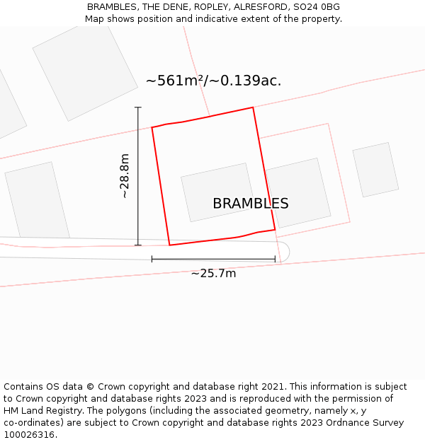 BRAMBLES, THE DENE, ROPLEY, ALRESFORD, SO24 0BG: Plot and title map