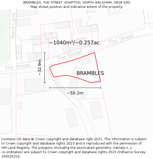 BRAMBLES, THE STREET, KNAPTON, NORTH WALSHAM, NR28 0AD: Plot and title map
