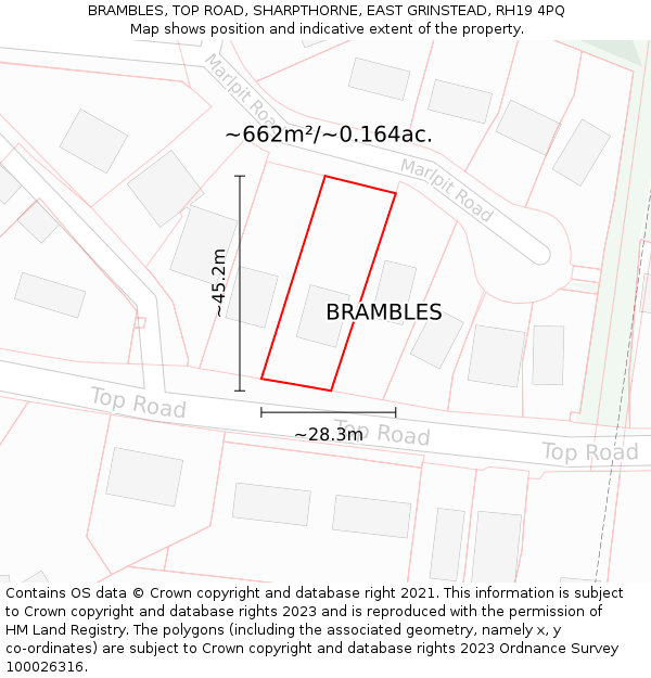 BRAMBLES, TOP ROAD, SHARPTHORNE, EAST GRINSTEAD, RH19 4PQ: Plot and title map