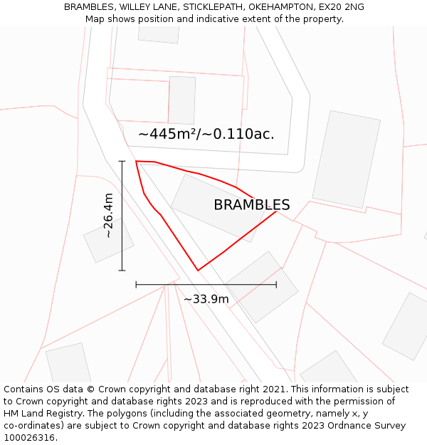 BRAMBLES, WILLEY LANE, STICKLEPATH, OKEHAMPTON, EX20 2NG: Plot and title map