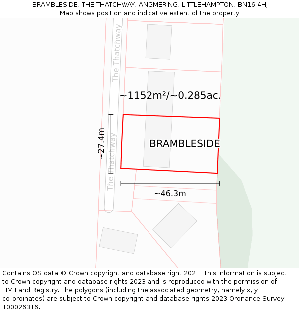BRAMBLESIDE, THE THATCHWAY, ANGMERING, LITTLEHAMPTON, BN16 4HJ: Plot and title map