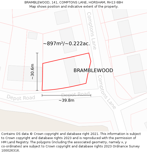 BRAMBLEWOOD, 141, COMPTONS LANE, HORSHAM, RH13 6BH: Plot and title map