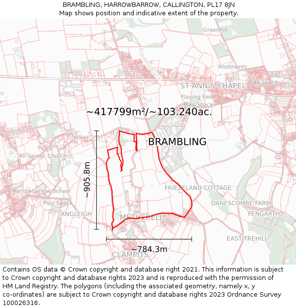 BRAMBLING, HARROWBARROW, CALLINGTON, PL17 8JN: Plot and title map