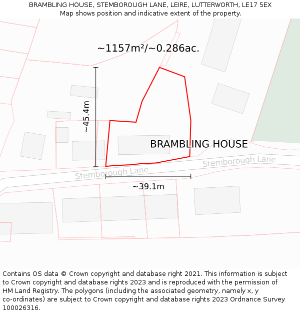 BRAMBLING HOUSE, STEMBOROUGH LANE, LEIRE, LUTTERWORTH, LE17 5EX: Plot and title map