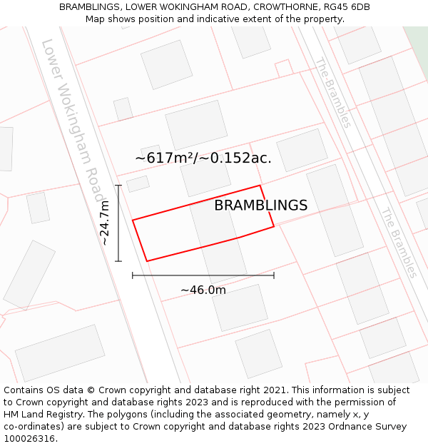 BRAMBLINGS, LOWER WOKINGHAM ROAD, CROWTHORNE, RG45 6DB: Plot and title map