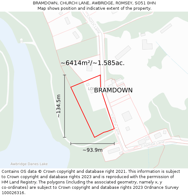 BRAMDOWN, CHURCH LANE, AWBRIDGE, ROMSEY, SO51 0HN: Plot and title map