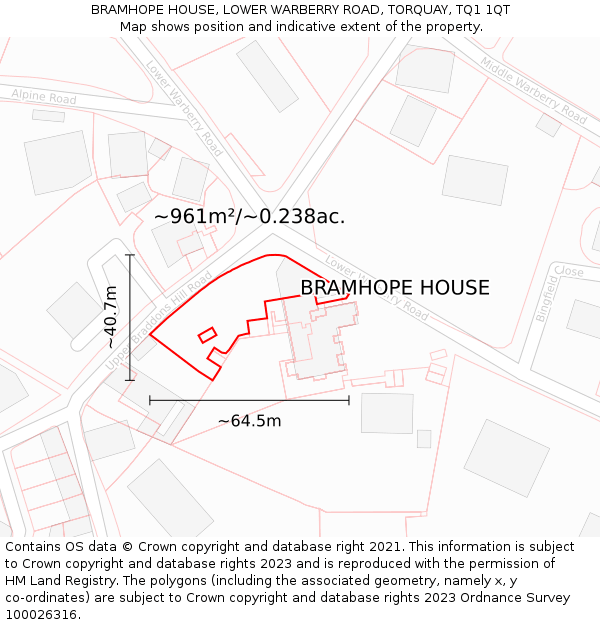 BRAMHOPE HOUSE, LOWER WARBERRY ROAD, TORQUAY, TQ1 1QT: Plot and title map