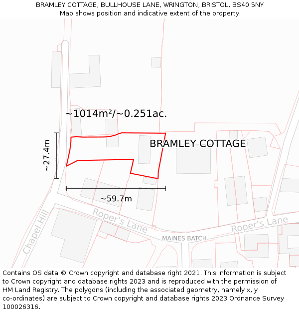BRAMLEY COTTAGE, BULLHOUSE LANE, WRINGTON, BRISTOL, BS40 5NY: Plot and title map
