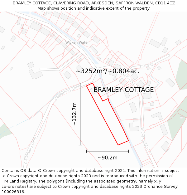 BRAMLEY COTTAGE, CLAVERING ROAD, ARKESDEN, SAFFRON WALDEN, CB11 4EZ: Plot and title map