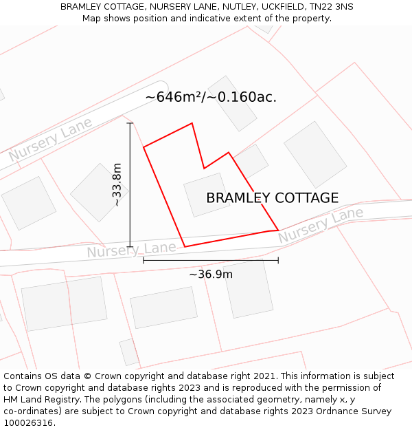 BRAMLEY COTTAGE, NURSERY LANE, NUTLEY, UCKFIELD, TN22 3NS: Plot and title map