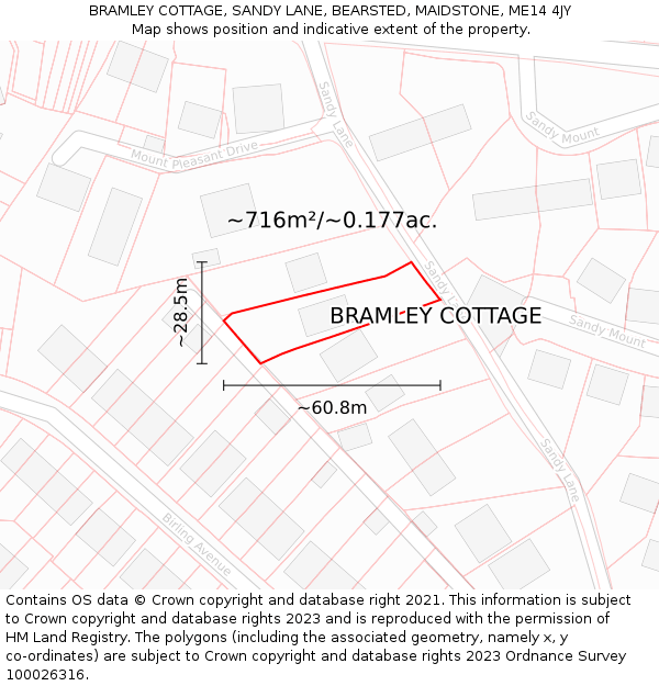 BRAMLEY COTTAGE, SANDY LANE, BEARSTED, MAIDSTONE, ME14 4JY: Plot and title map