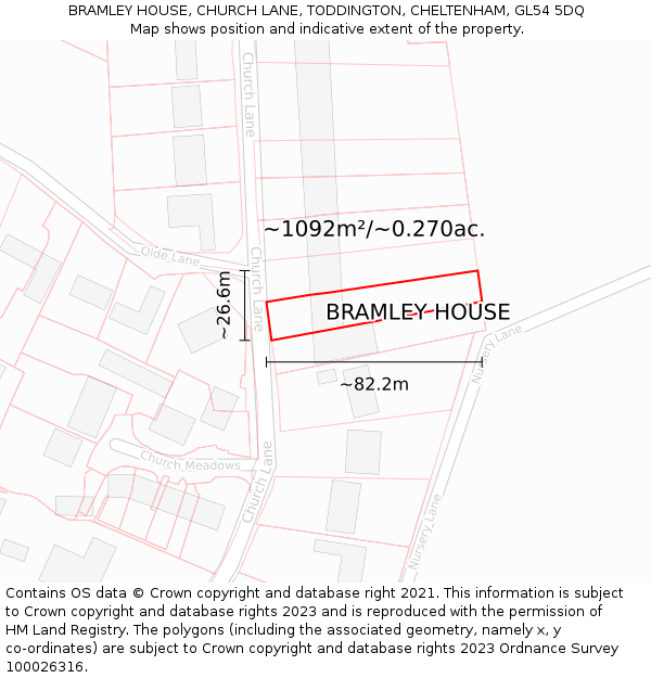 BRAMLEY HOUSE, CHURCH LANE, TODDINGTON, CHELTENHAM, GL54 5DQ: Plot and title map