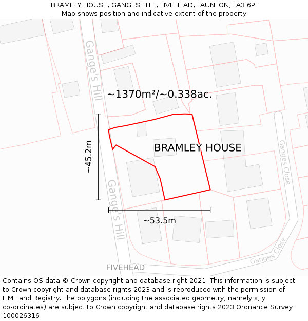 BRAMLEY HOUSE, GANGES HILL, FIVEHEAD, TAUNTON, TA3 6PF: Plot and title map