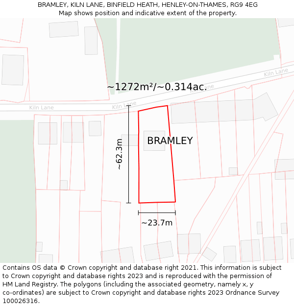 BRAMLEY, KILN LANE, BINFIELD HEATH, HENLEY-ON-THAMES, RG9 4EG: Plot and title map