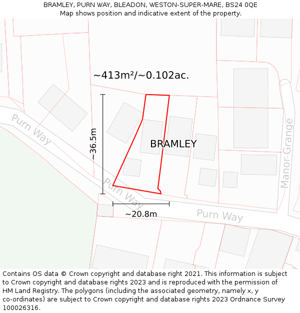 BRAMLEY, PURN WAY, BLEADON, WESTON-SUPER-MARE, BS24 0QE: Plot and title map