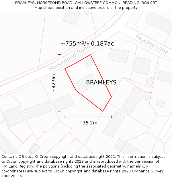 BRAMLEYS, HORSEPOND ROAD, GALLOWSTREE COMMON, READING, RG4 9BT: Plot and title map