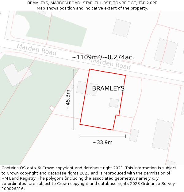 BRAMLEYS, MARDEN ROAD, STAPLEHURST, TONBRIDGE, TN12 0PE: Plot and title map