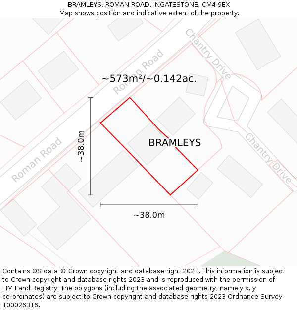BRAMLEYS, ROMAN ROAD, INGATESTONE, CM4 9EX: Plot and title map