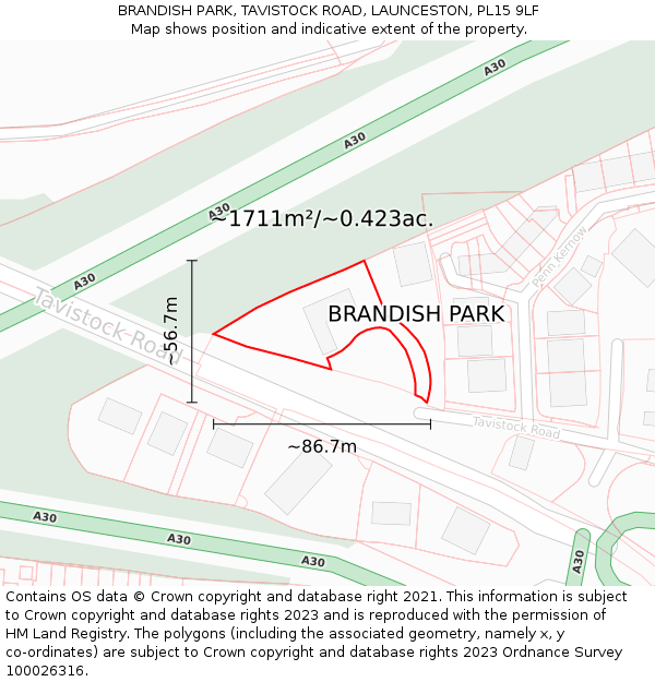 BRANDISH PARK, TAVISTOCK ROAD, LAUNCESTON, PL15 9LF: Plot and title map