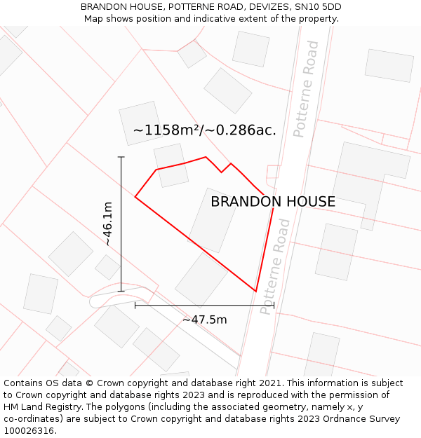 BRANDON HOUSE, POTTERNE ROAD, DEVIZES, SN10 5DD: Plot and title map