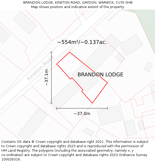 BRANDON LODGE, KINETON ROAD, GAYDON, WARWICK, CV35 0HB: Plot and title map