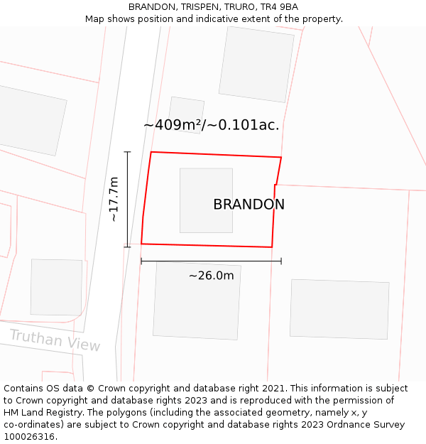 BRANDON, TRISPEN, TRURO, TR4 9BA: Plot and title map