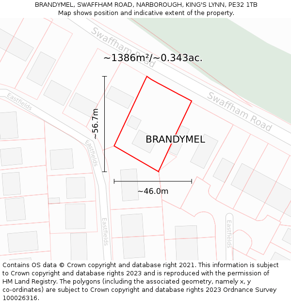 BRANDYMEL, SWAFFHAM ROAD, NARBOROUGH, KING'S LYNN, PE32 1TB: Plot and title map