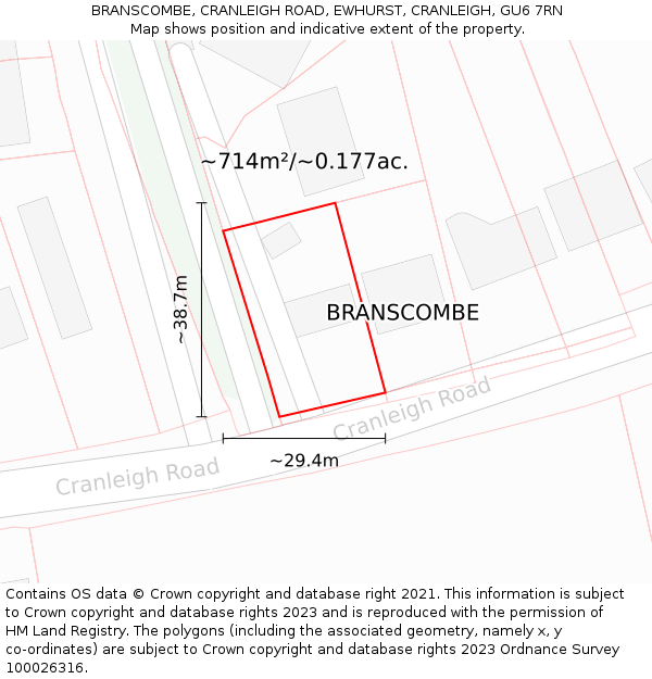 BRANSCOMBE, CRANLEIGH ROAD, EWHURST, CRANLEIGH, GU6 7RN: Plot and title map
