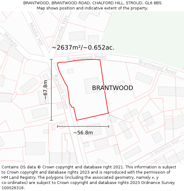 BRANTWOOD, BRANTWOOD ROAD, CHALFORD HILL, STROUD, GL6 8BS: Plot and title map