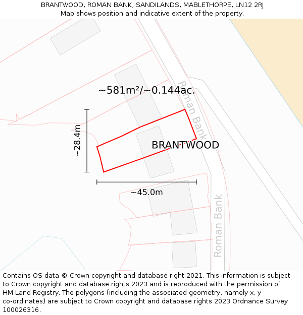 BRANTWOOD, ROMAN BANK, SANDILANDS, MABLETHORPE, LN12 2RJ: Plot and title map