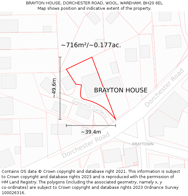 BRAYTON HOUSE, DORCHESTER ROAD, WOOL, WAREHAM, BH20 6EL: Plot and title map