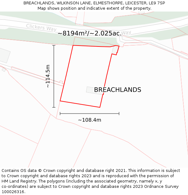 BREACHLANDS, WILKINSON LANE, ELMESTHORPE, LEICESTER, LE9 7SP: Plot and title map