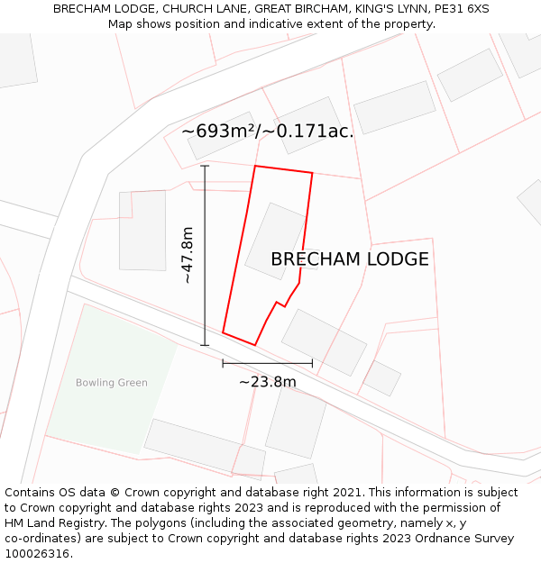 BRECHAM LODGE, CHURCH LANE, GREAT BIRCHAM, KING'S LYNN, PE31 6XS: Plot and title map