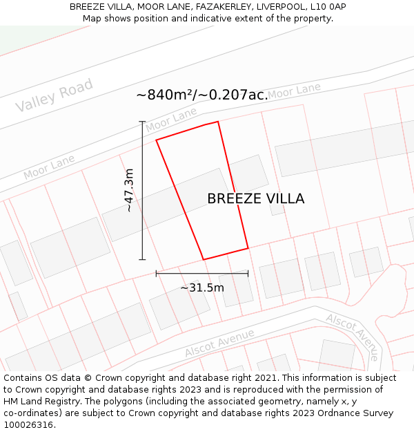 BREEZE VILLA, MOOR LANE, FAZAKERLEY, LIVERPOOL, L10 0AP: Plot and title map