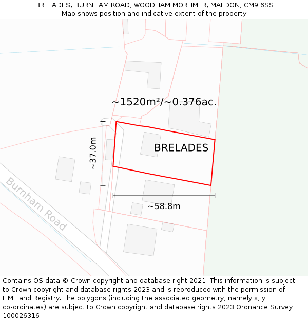 BRELADES, BURNHAM ROAD, WOODHAM MORTIMER, MALDON, CM9 6SS: Plot and title map