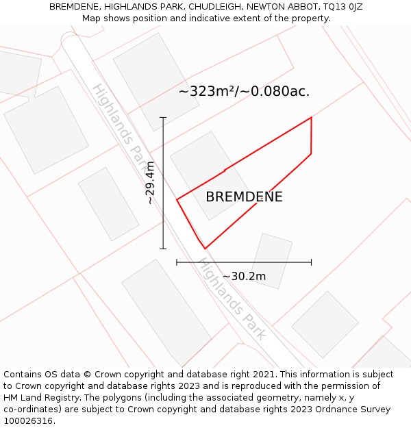 BREMDENE, HIGHLANDS PARK, CHUDLEIGH, NEWTON ABBOT, TQ13 0JZ: Plot and title map