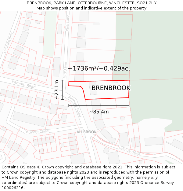 BRENBROOK, PARK LANE, OTTERBOURNE, WINCHESTER, SO21 2HY: Plot and title map
