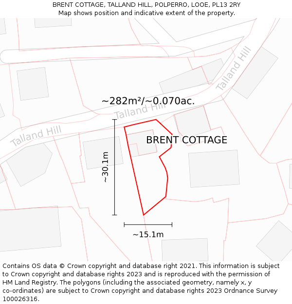 BRENT COTTAGE, TALLAND HILL, POLPERRO, LOOE, PL13 2RY: Plot and title map